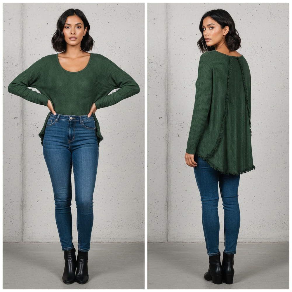 UMGEE Green Boho Fringe Oversized Long Sleeve Waffle Knit Blouse Size Large